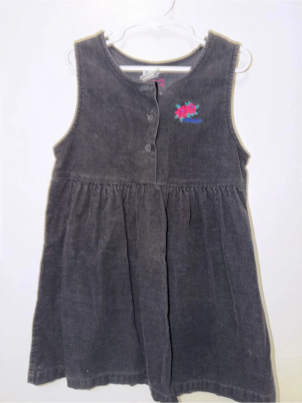 VTG Oshkosh Corduroy Jumper Dress Black Logo Flower Buttons Size 6 USA Girl's